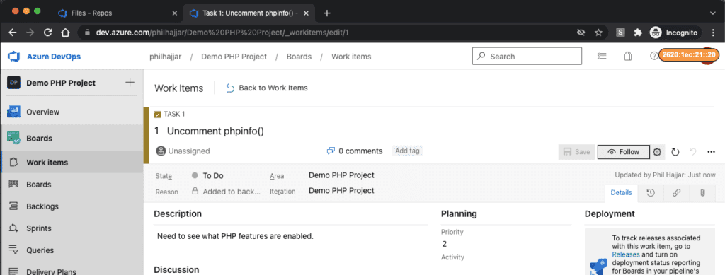Azure DevOps commit page