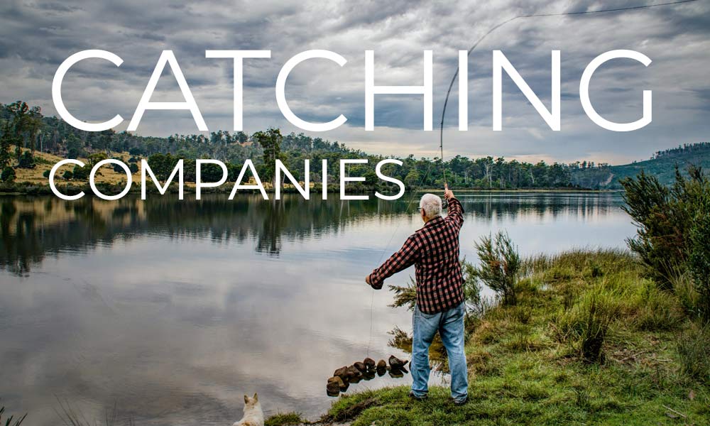 Fly fisherman and dog with title Catching Companies